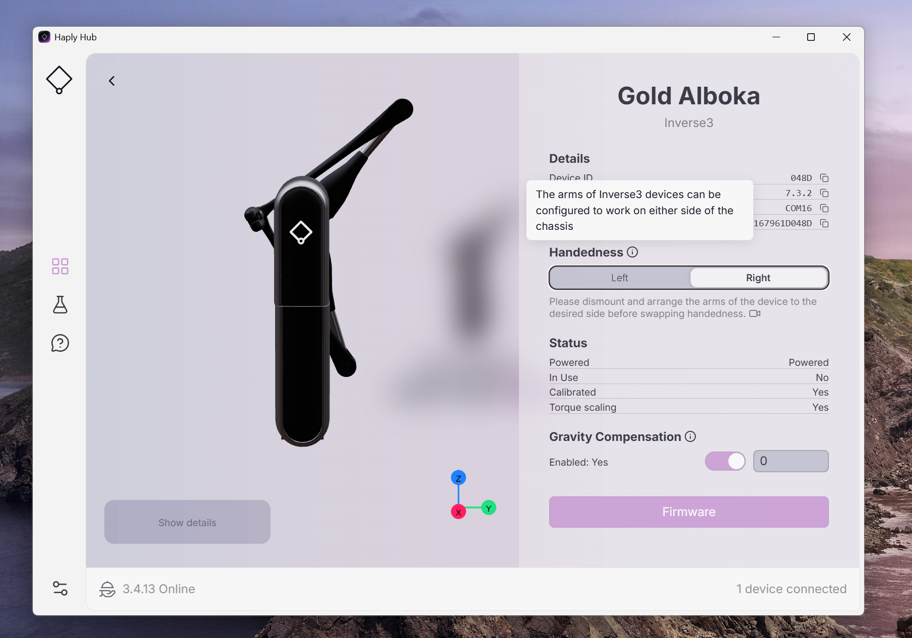 Haply Hub Overview page, with the handedness value highlighted