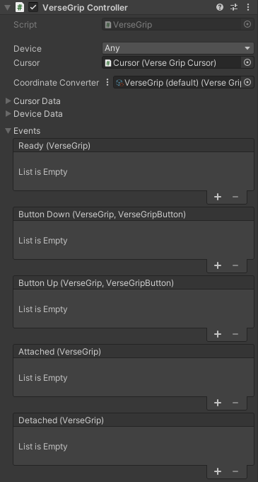 VerseGrip コントローラーのインスペクター